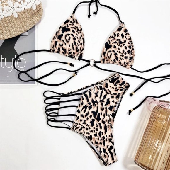 New Leopard Cut Out High Waist Bikini Set Swimsuit - Picture 7 of 7
